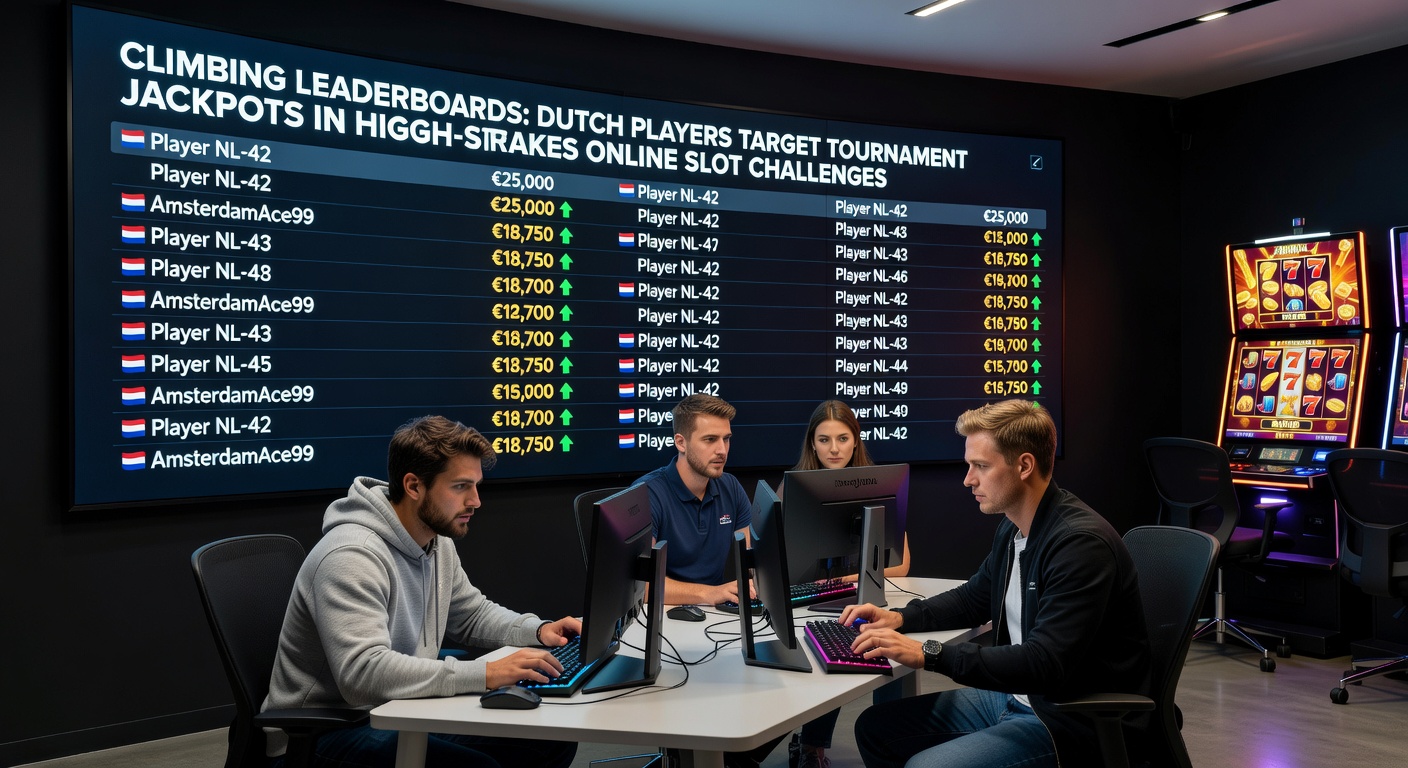 Nederlandse spelers staren geconcentreerd naar een online slot leaderboard op hun mobiel, met stijgende scores en jackpotprijzen in zicht