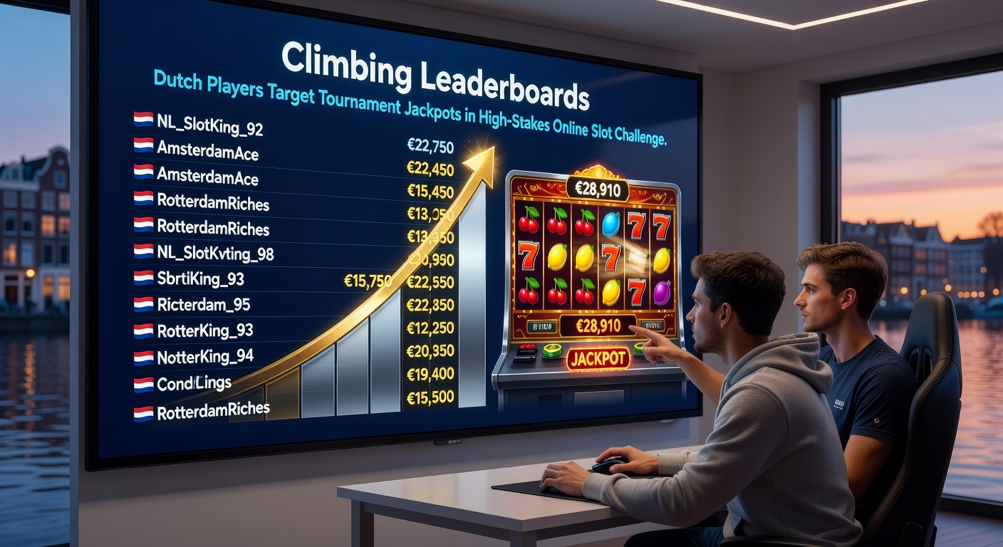 Een groep Nederlandse slotspelers viert een leaderboard-overwinning met confetti en een knipperende jackpotmelding op het scherm