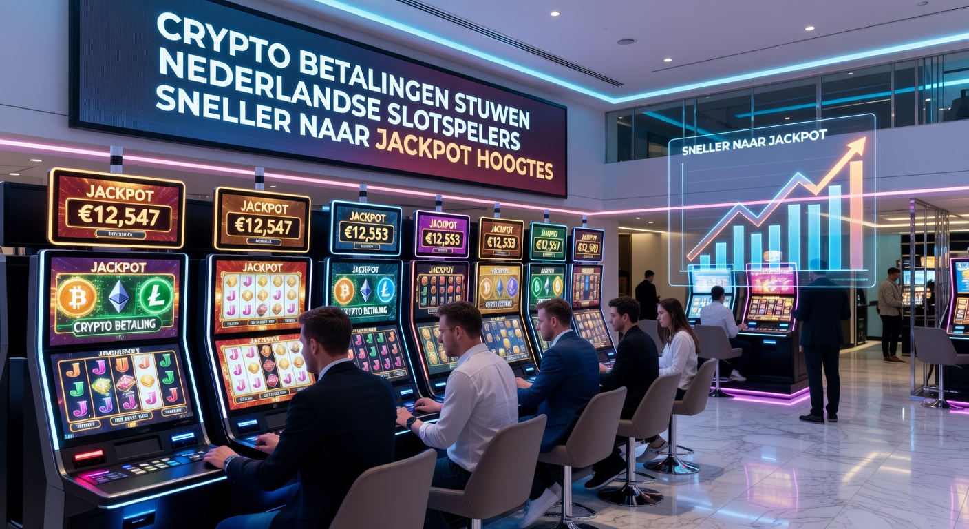 Speler aan een slotmachine met crypto-wallet op smartphone, symboliserend snelle betalingen en groeiende jackpotmeters op een Nederlands casino-platform