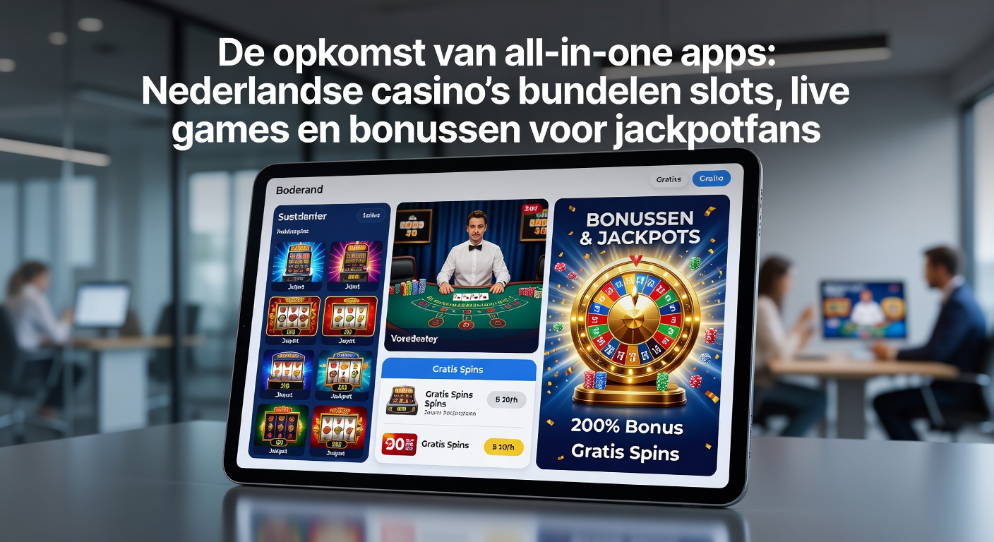 Smartphone met all-in-one casino app die slots, live games en bonussen toont, met jackpot-tellers op het scherm