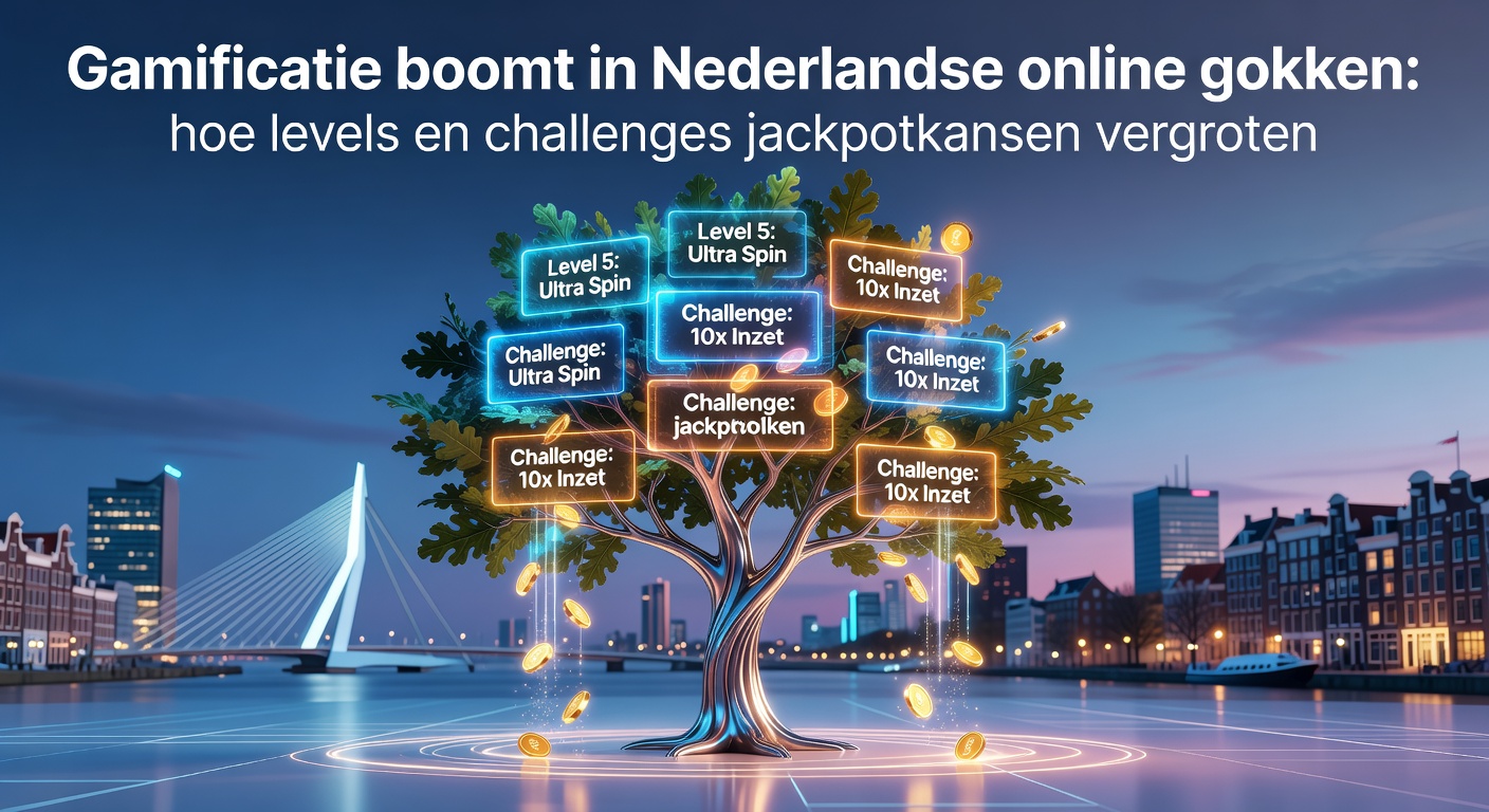 Spelers klimmen door levels in een Nederlands online casino, met jackpot-iconen die oplichten bij het voltooien van challenges