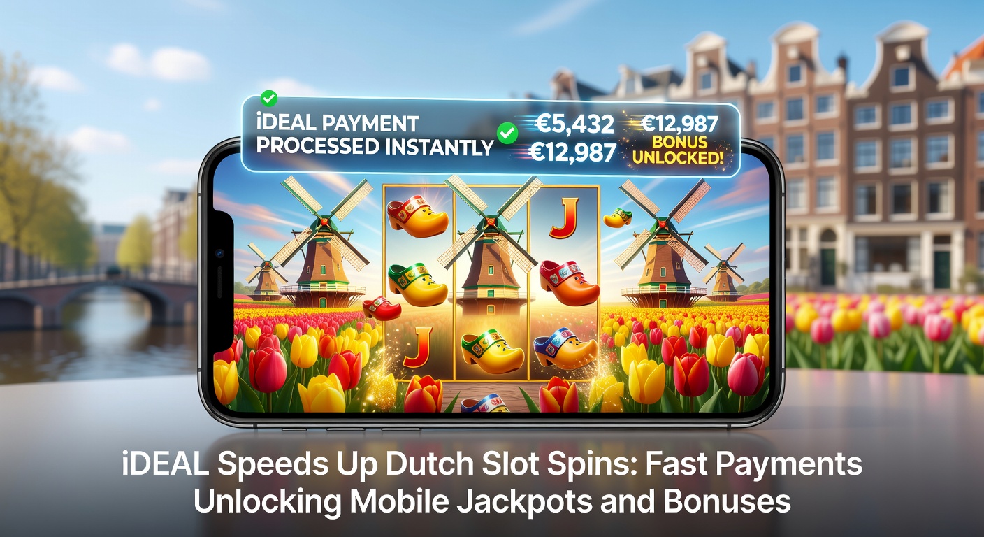 Schermafbeelding van een mobiele slotmachine met iDEAL betaaloptie actief, terwijl een jackpot teller oploopt tijdens een snelle spin
