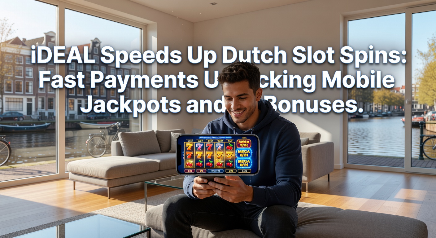 Mobiele telefoon met iDEAL-betalingsscherm open naast een draaiende slot met ontgrendelde bonusronde en jackpot icoon