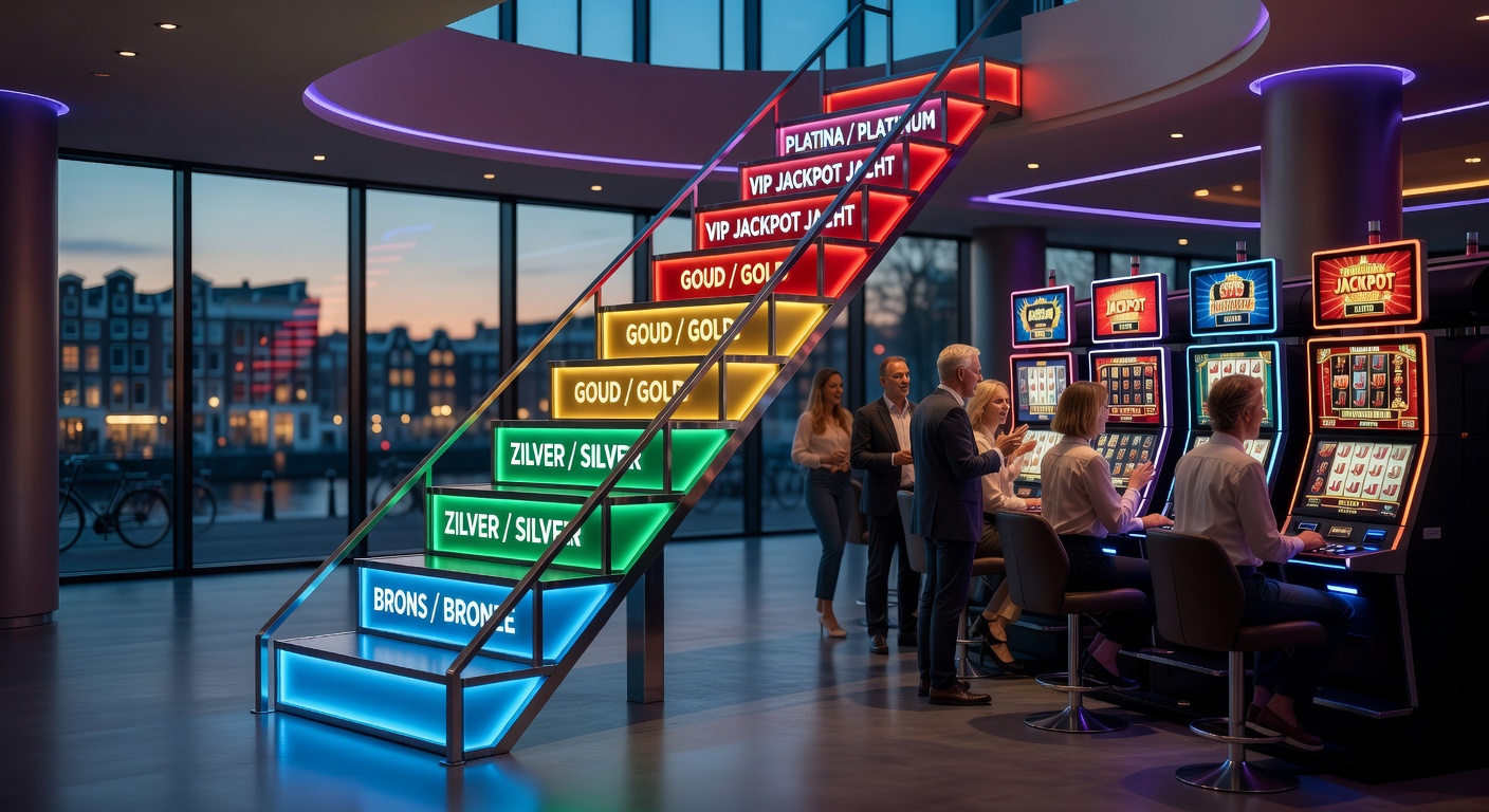 Grafiek van een loyaliteitsladder met tiers van brons tot diamant in een Nederlands casino, slots en jackpot symbolen zichtbaar
