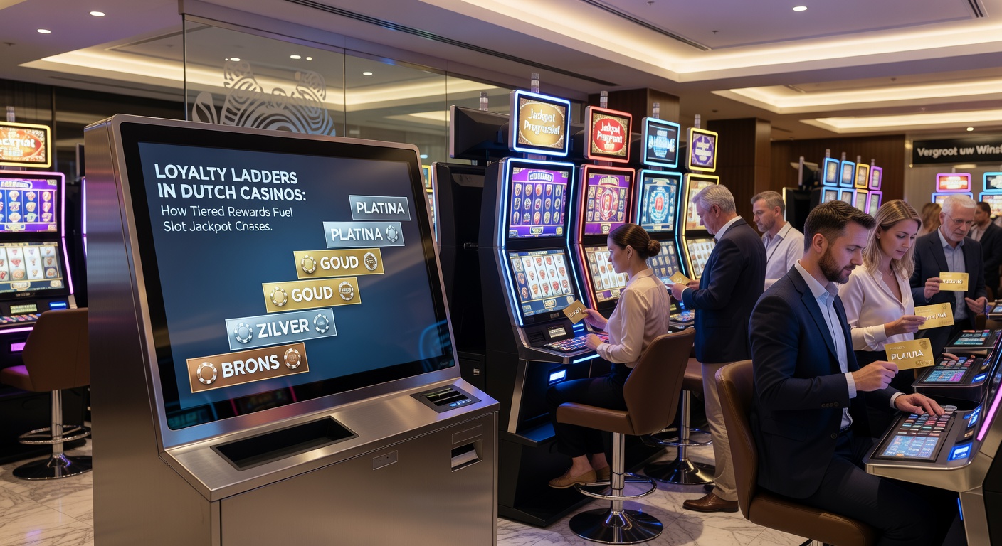 Schermafbeelding van een Nederlands casino loyaliteitsdashboard met tier progressie, jackpot meters en reward badges