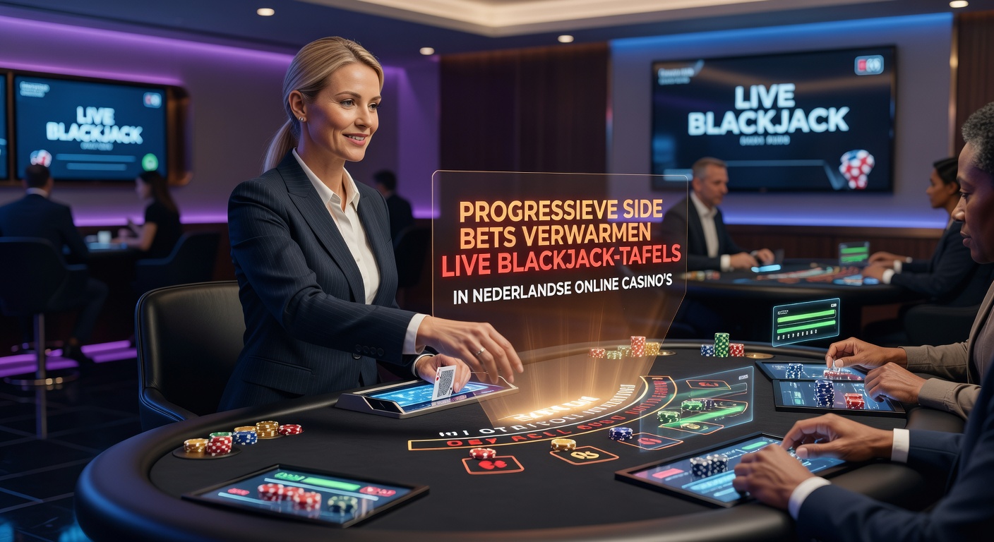 Live blackjack tafel met progressieve side bets in actie, dealer verdeelt kaarten terwijl spelers inzetten op jackpot-opties