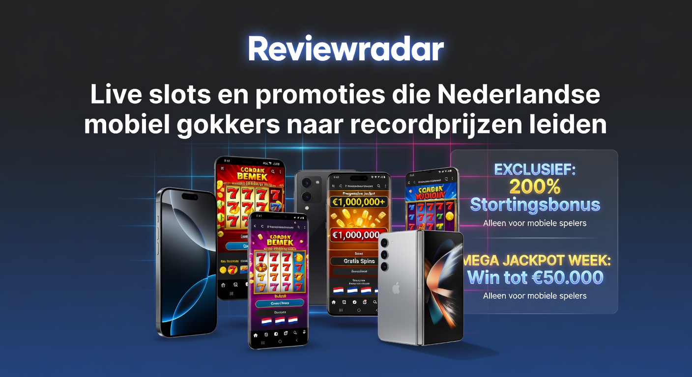 Schermafbeelding van Reviewradar met live slots en promoties voor Nederlandse spelers, inclusief mobiele interfaces en jackpotmeters