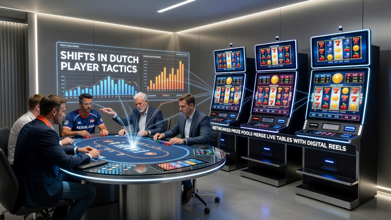 Illustratie van Nederlandse spelers die live tafels combineren met digitale slotreels via gedeelde jackpotpools