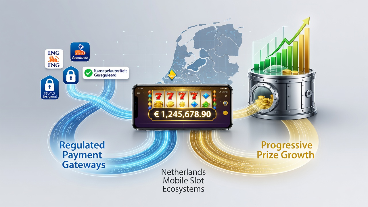 Illustratie van mobiele slotinterfaces met betaalgateways en progressieve jackpot meters in Nederland